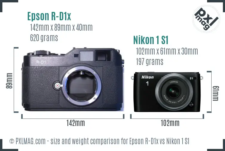 Epson R-D1x vs Nikon 1 S1 size comparison Epson R-D1x vs Nikon 1 S1 size comparison