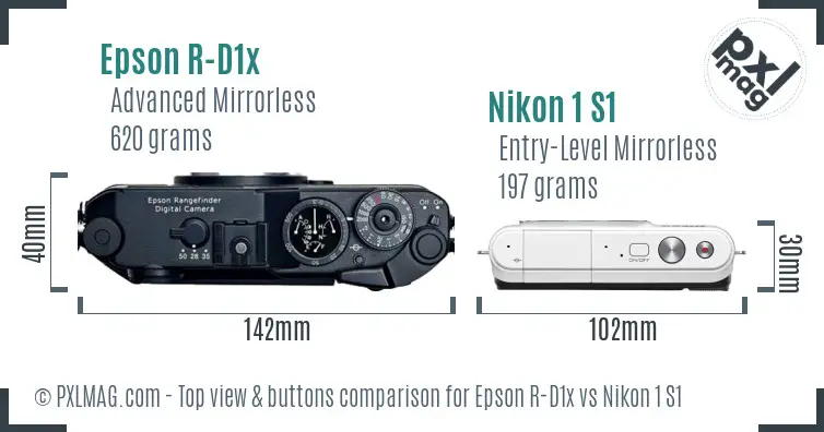Epson R-D1x vs Nikon 1 S1 top view buttons comparison Epson R-D1x vs Nikon 1 S1 top view buttons comparison