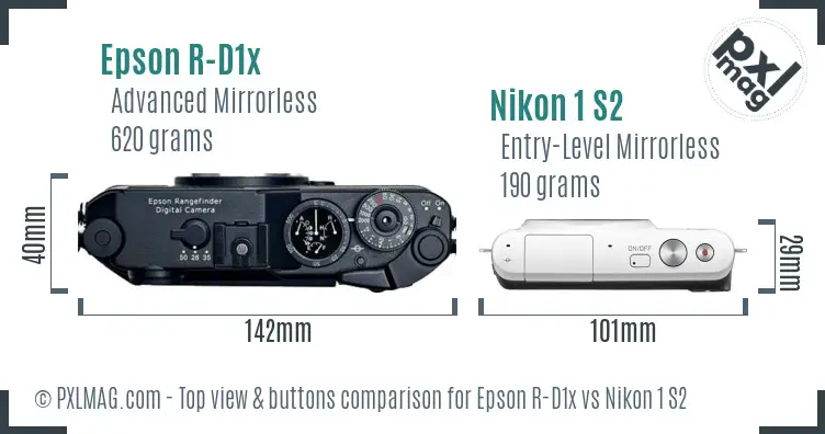 Epson R-D1x vs Nikon 1 S2 top view buttons comparison