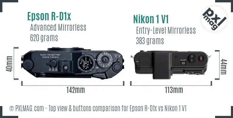 Epson R-D1x vs Nikon 1 V1 top view buttons comparison