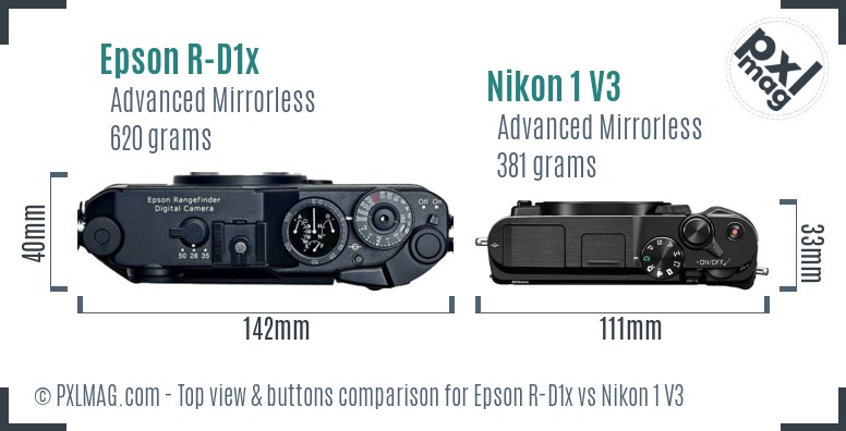 Epson R-D1x vs Nikon 1 V3 top view buttons comparison