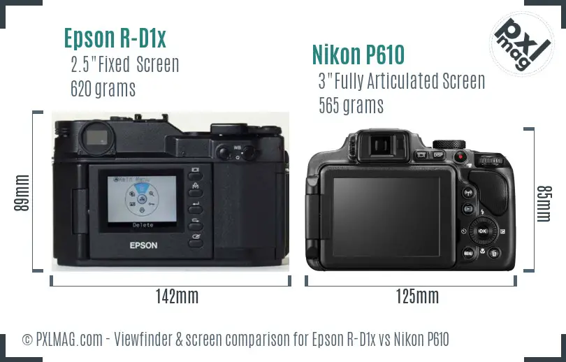 Epson R-D1x vs Nikon P610 Screen and Viewfinder comparison