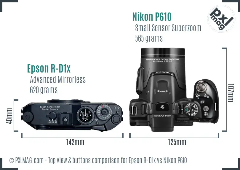 Epson R-D1x vs Nikon P610 top view buttons comparison