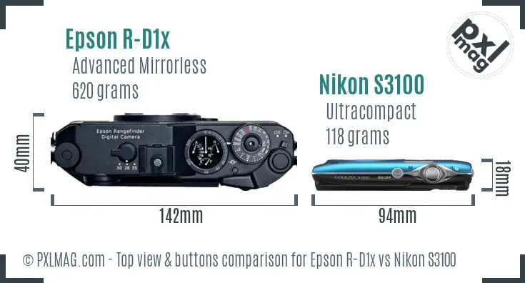 Epson R-D1x vs Nikon S3100 top view buttons comparison