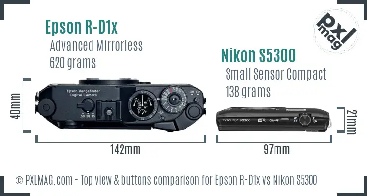 Epson R-D1x vs Nikon S5300 top view buttons comparison