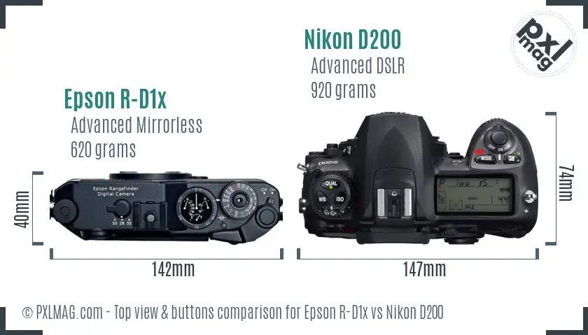 Epson R-D1x vs Nikon D200 top view buttons comparison
