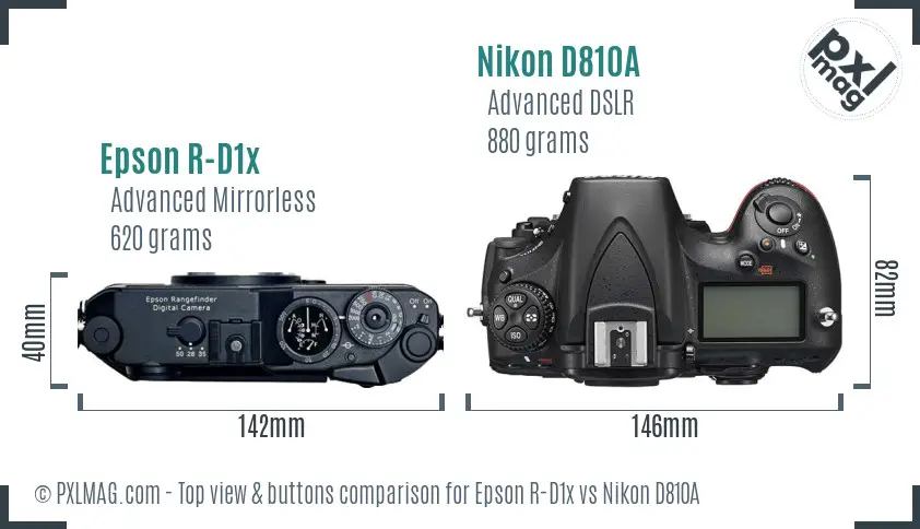 Epson R-D1x vs Nikon D810A top view buttons comparison