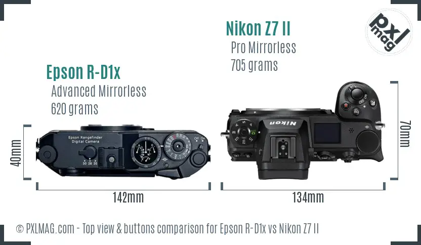 Epson R-D1x vs Nikon Z7 II top view buttons comparison