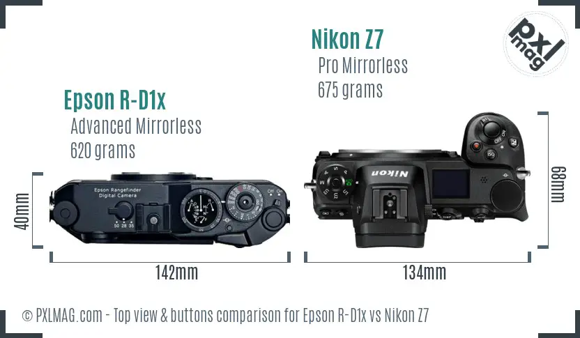 Epson R-D1x vs Nikon Z7 top view buttons comparison