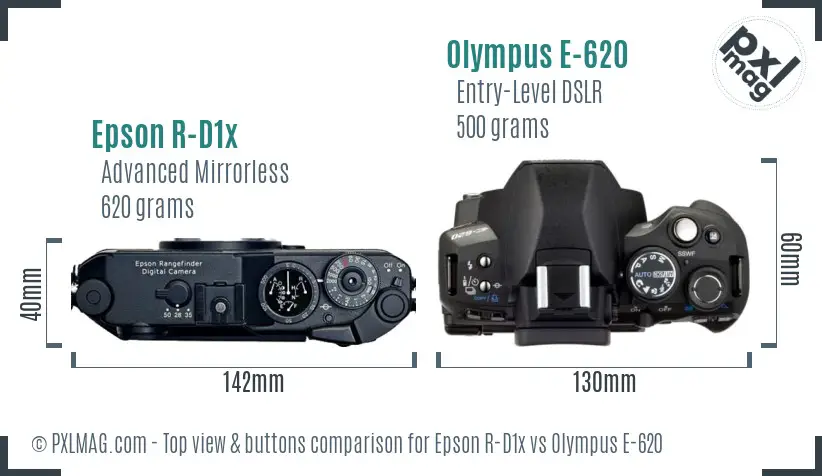 Epson R-D1x vs Olympus E-620 top view buttons comparison