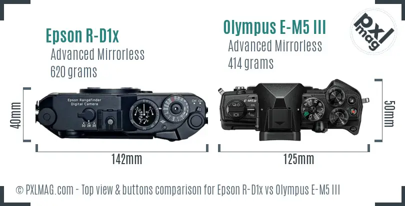 Epson R-D1x vs Olympus E-M5 III top view buttons comparison