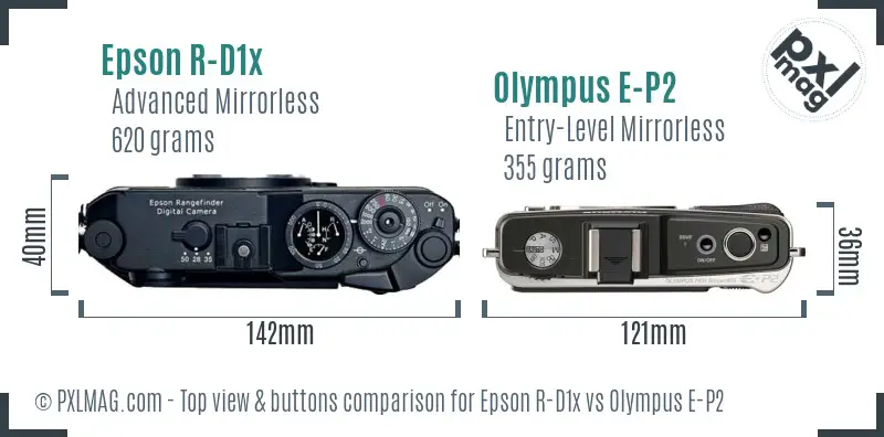 Epson R-D1x vs Olympus E-P2 top view buttons comparison