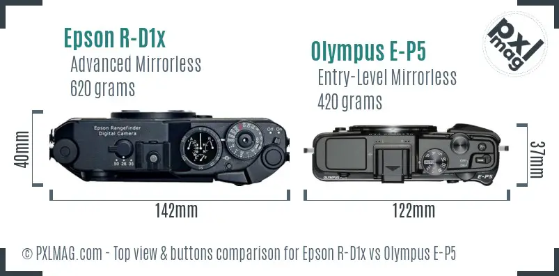 Epson R-D1x vs Olympus E-P5 top view buttons comparison