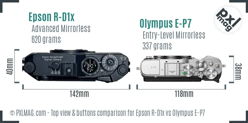 Epson R-D1x vs Olympus E-P7 top view buttons comparison