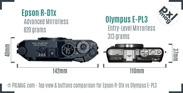 Epson R-D1x vs Olympus E-PL3 top view buttons comparison Epson R-D1x vs Olympus E-PL3 top view buttons comparison