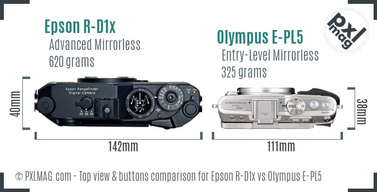Epson R-D1x vs Olympus E-PL5 top view buttons comparison