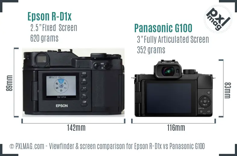 Epson R-D1x vs Panasonic G100 Screen and Viewfinder comparison