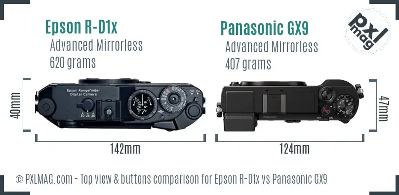 Epson R-D1x vs Panasonic GX9 top view buttons comparison