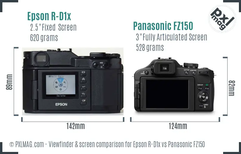 Epson R-D1x vs Panasonic FZ150 Screen and Viewfinder comparison