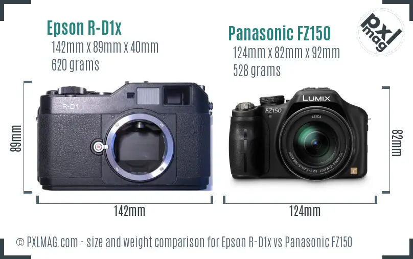 Epson R-D1x vs Panasonic FZ150 size comparison