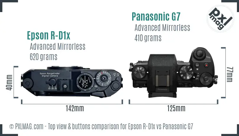 Epson R-D1x vs Panasonic G7 top view buttons comparison