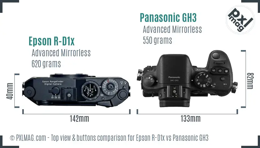 Epson R-D1x vs Panasonic GH3 top view buttons comparison