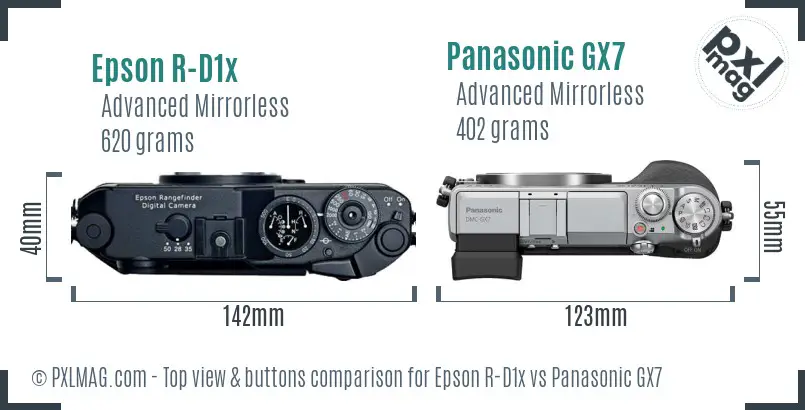Epson R-D1x vs Panasonic GX7 top view buttons comparison