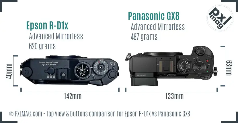Epson R-D1x vs Panasonic GX8 top view buttons comparison