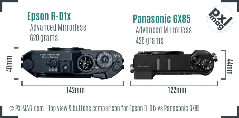Epson R-D1x vs Panasonic GX85 top view buttons comparison