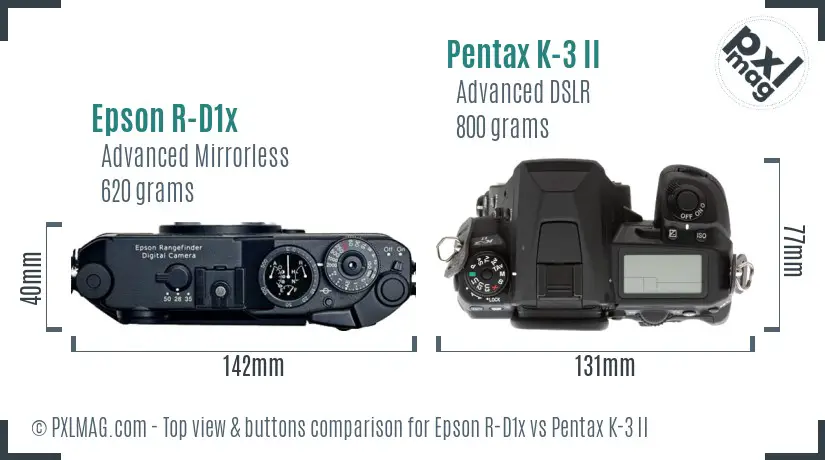 Epson R-D1x vs Pentax K-3 II top view buttons comparison