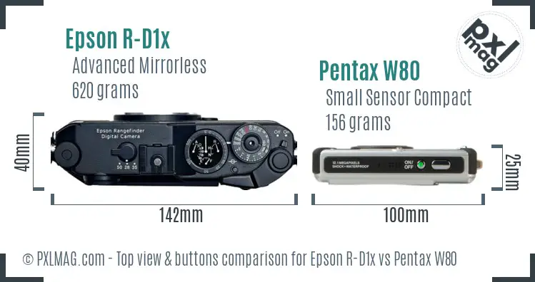 Epson R-D1x vs Pentax W80 top view buttons comparison