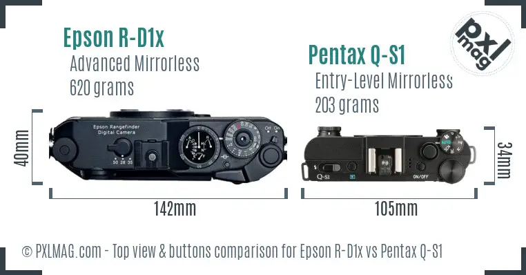 Epson R-D1x vs Pentax Q-S1 top view buttons comparison Epson R-D1x vs Pentax Q-S1 top view buttons comparison