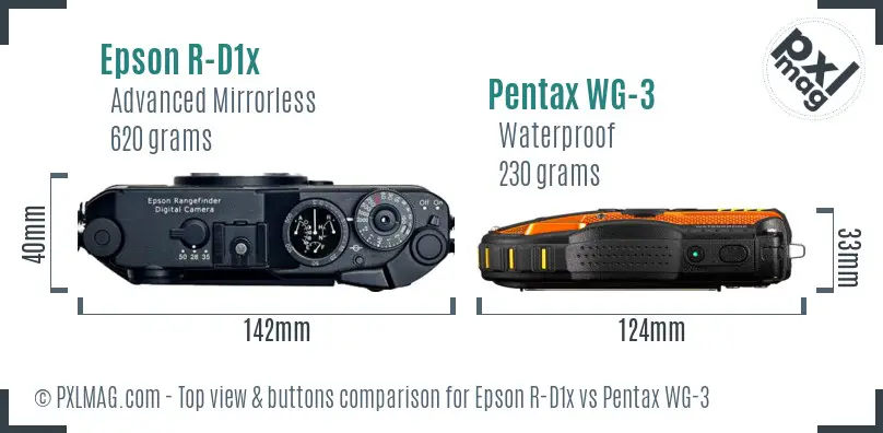 Epson R-D1x vs Pentax WG-3 top view buttons comparison