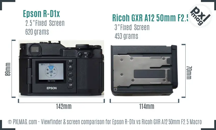 Epson R-D1x vs Ricoh GXR A12 50mm F2.5 Macro Screen and Viewfinder comparison
