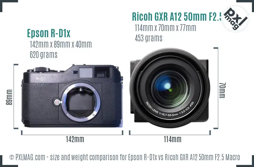 Epson R-D1x vs Ricoh GXR A12 50mm F2.5 Macro size comparison