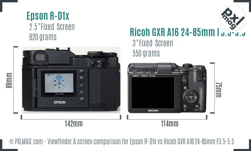 Epson R-D1x vs Ricoh GXR A16 24-85mm F3.5-5.5 Screen and Viewfinder comparison