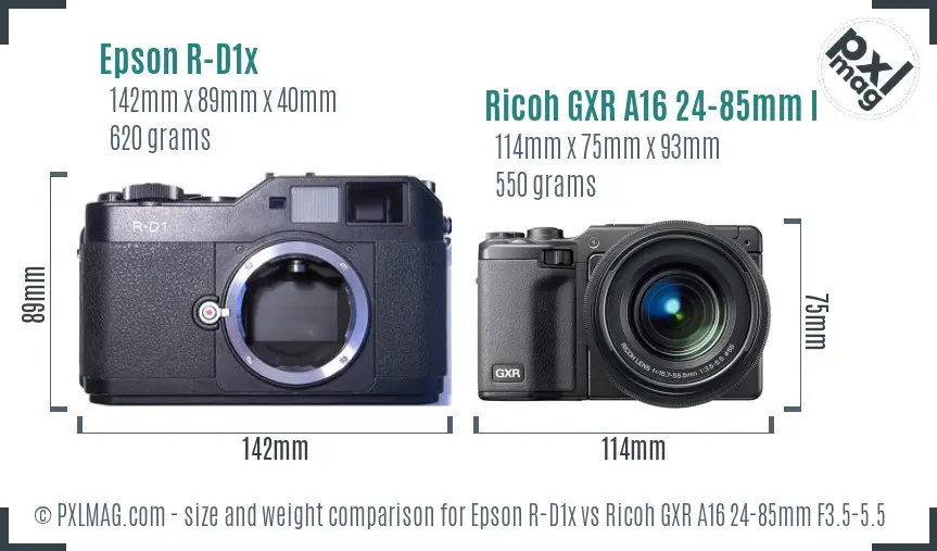 Epson R-D1x vs Ricoh GXR A16 24-85mm F3.5-5.5 size comparison