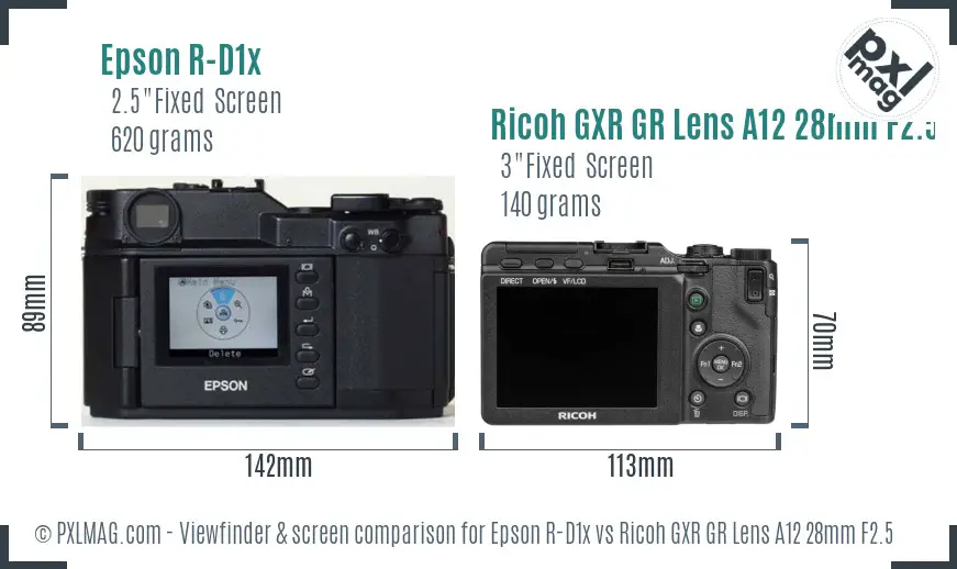 Epson R-D1x vs Ricoh GXR GR Lens A12 28mm F2.5 Screen and Viewfinder comparison