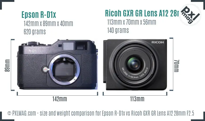 Epson R-D1x vs Ricoh GXR GR Lens A12 28mm F2.5 size comparison