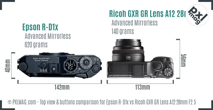 Epson R-D1x vs Ricoh GXR GR Lens A12 28mm F2.5 top view buttons comparison
