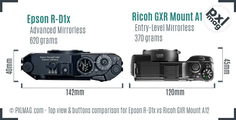 Epson R-D1x vs Ricoh GXR Mount A12 top view buttons comparison