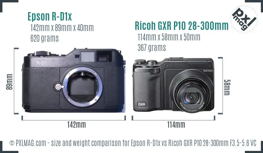 Epson R-D1x vs Ricoh GXR P10 28-300mm F3.5-5.6 VC size comparison Epson R-D1x vs Ricoh GXR P10 28-300mm F3.5-5.6 VC size comparison