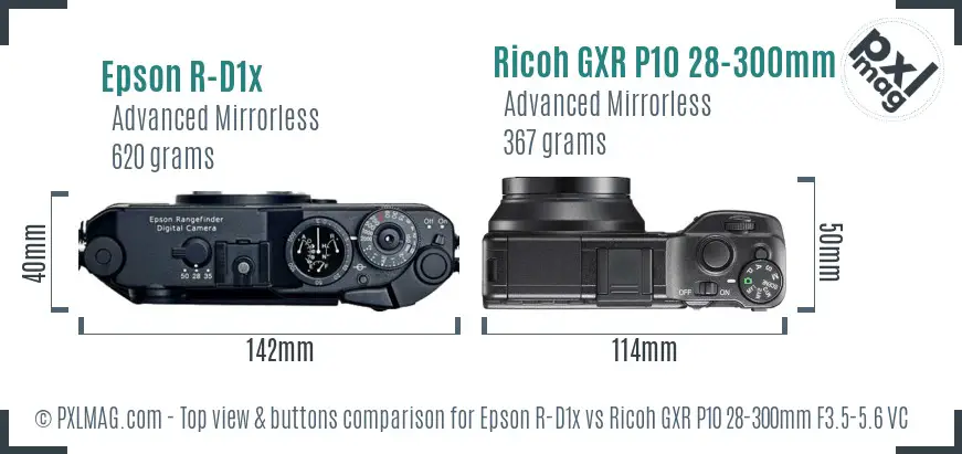 Epson R-D1x vs Ricoh GXR P10 28-300mm F3.5-5.6 VC top view buttons comparison Epson R-D1x vs Ricoh GXR P10 28-300mm F3.5-5.6 VC top view buttons comparison