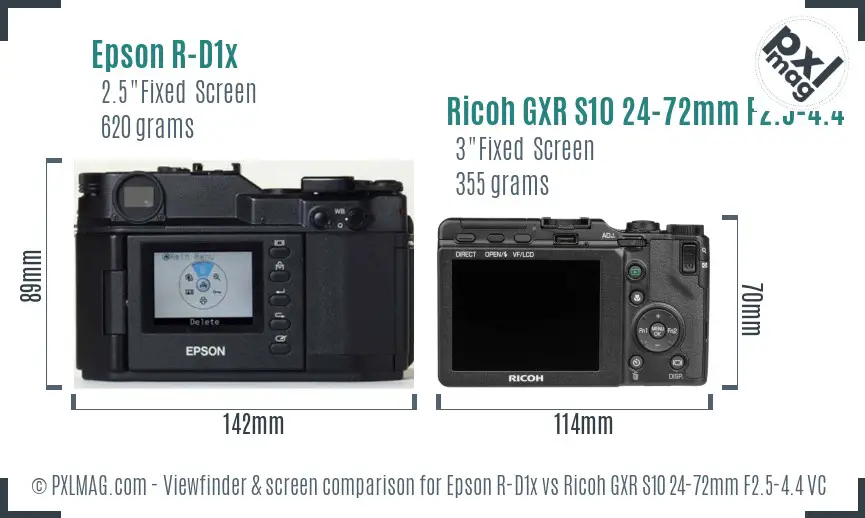 Epson R-D1x vs Ricoh GXR S10 24-72mm F2.5-4.4 VC Screen and Viewfinder comparison