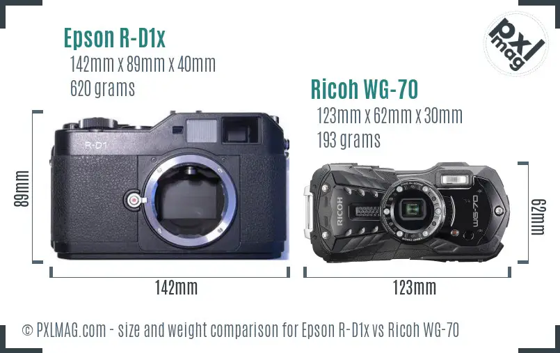 Epson R-D1x vs Ricoh WG-70 size comparison