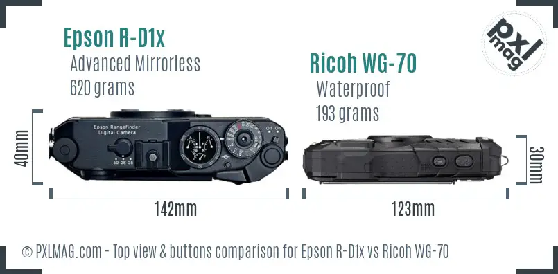 Epson R-D1x vs Ricoh WG-70 top view buttons comparison