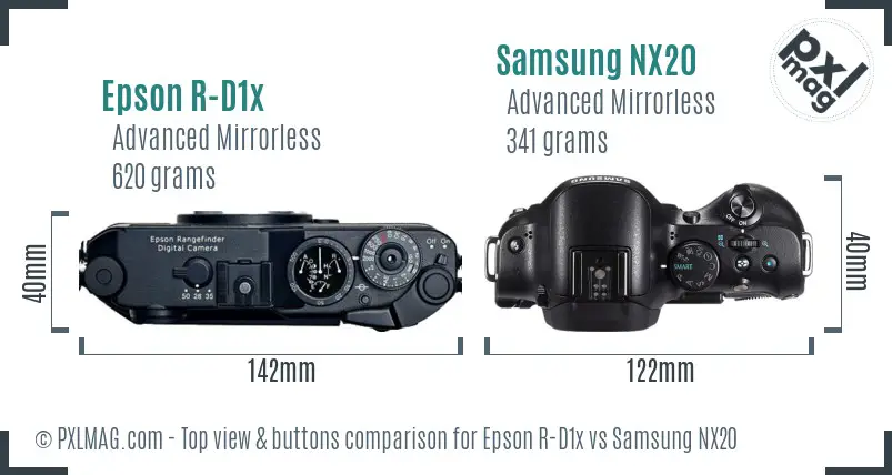 Epson R-D1x vs Samsung NX20 top view buttons comparison