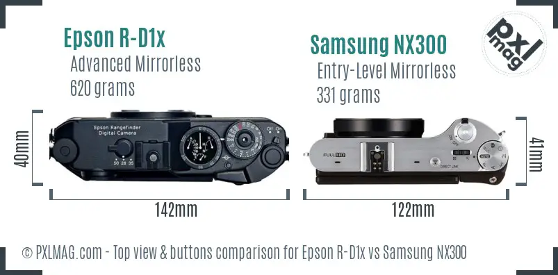 Epson R-D1x vs Samsung NX300 top view buttons comparison