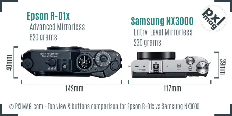 Epson R-D1x vs Samsung NX3000 top view buttons comparison