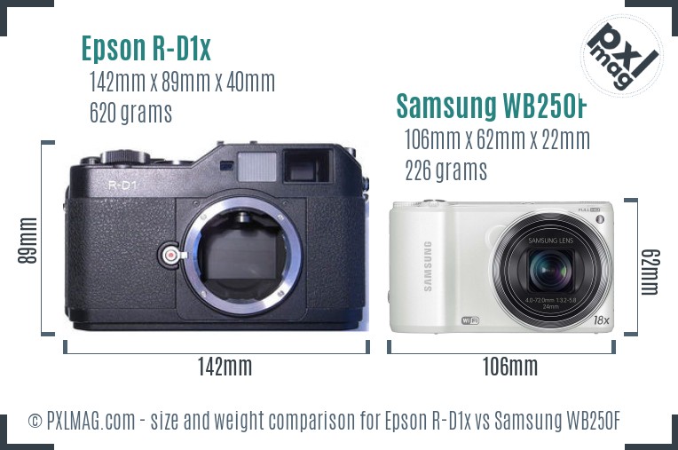 Epson R-D1x vs Samsung WB250F size comparison Epson R-D1x vs Samsung WB250F size comparison